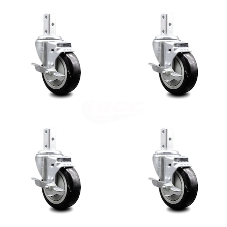 4 Inch Black Poly Wheel Swivel 7/8 Inch Square Stem Caster Set With Brake SCC